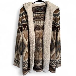 Knit Cardigan Sherpa Lined Hood & Trim Geometric Cozy Warm Cottage Almost Famous